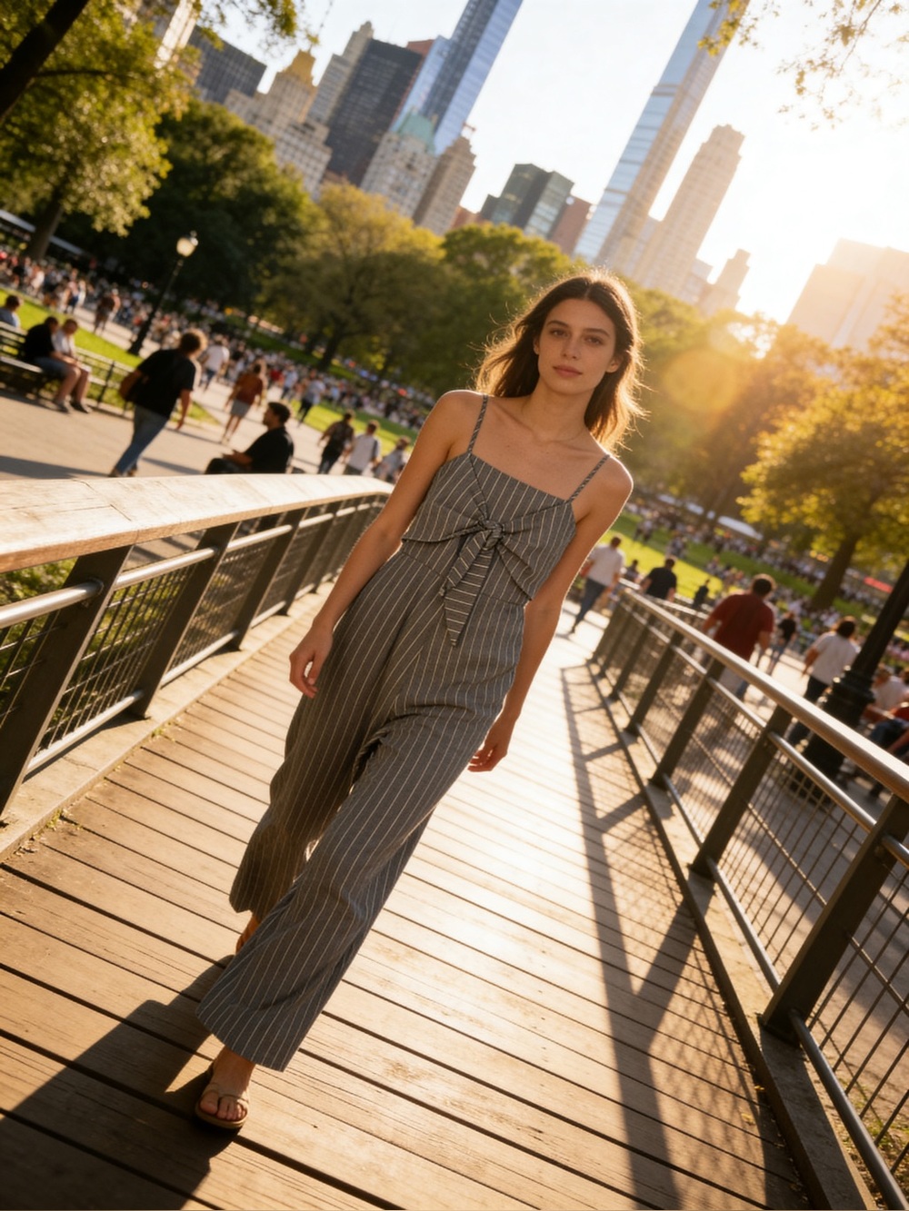 Ladies She + Sky Striped Tie-Front Wide-Leg Romper
